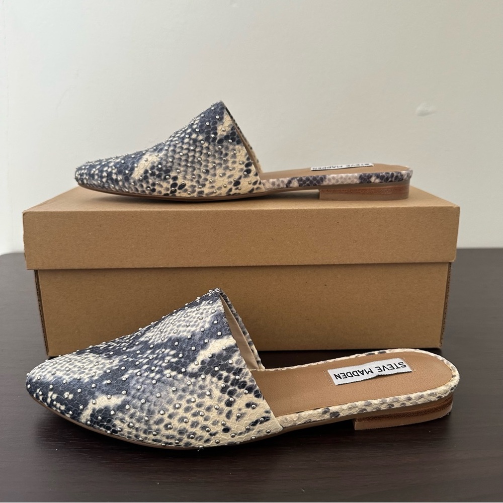 Steve Madden Animal Print Studded Leather Mules, Size 7.5, Trace, Women's Flats